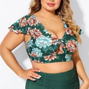 Floral Tie-Front Two-Piece Swim Set in Dark Green with Peach & Teal Blooms
